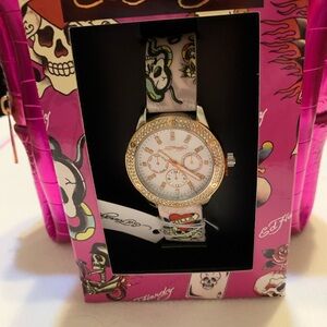 NWT Ed Hardy Pink and Gold Watch and Makeup Bag